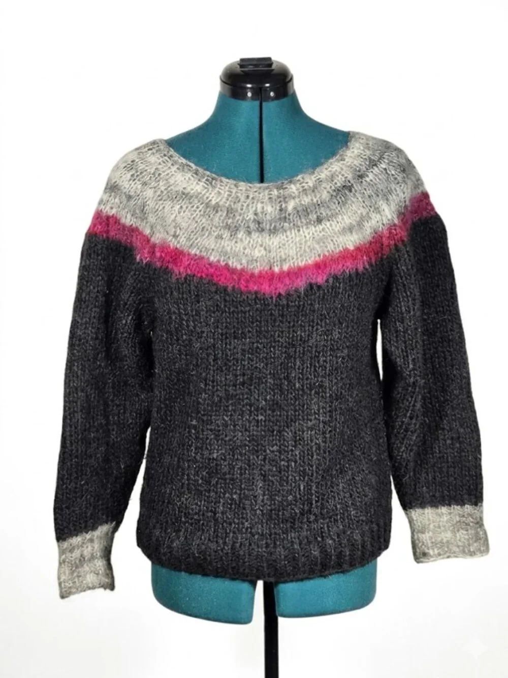 Mario Biagiotti Vintage 80s Hand Knit Wool Blend Sweater S Striped Mohair Look
